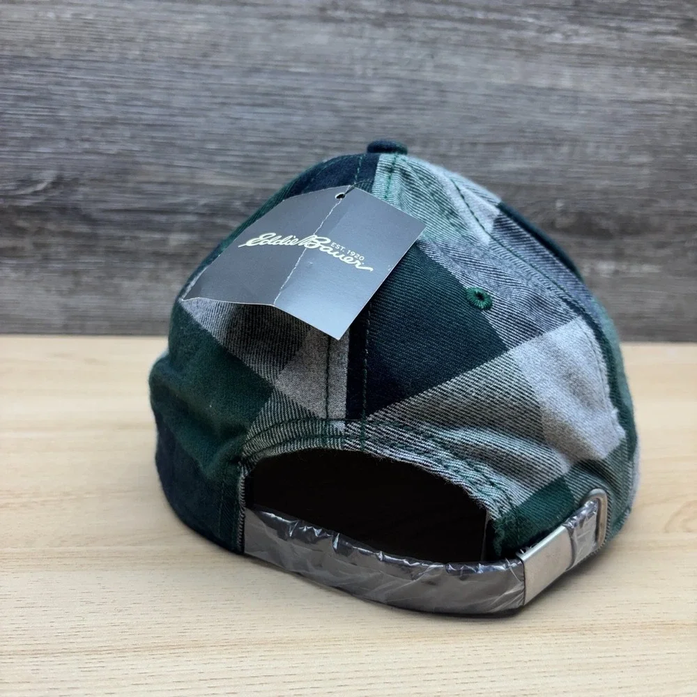 Eddie Bauer Hat Cap‎ Strap Back Green Black Gray Plaid Patch Outdoor Hiking NWT